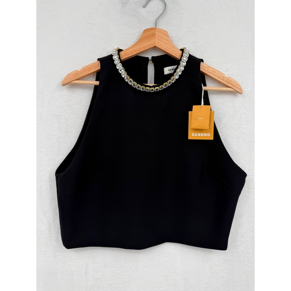 Sandro Cosmic Noir Black Embellished Crop Top US XL NEW Glam Chic Party